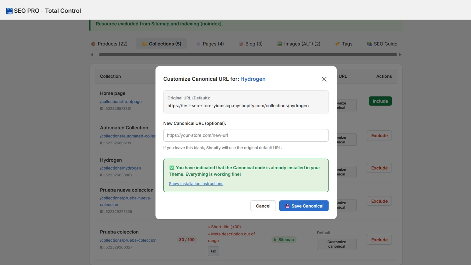 Control custom canonicals with Shopify SEO APP