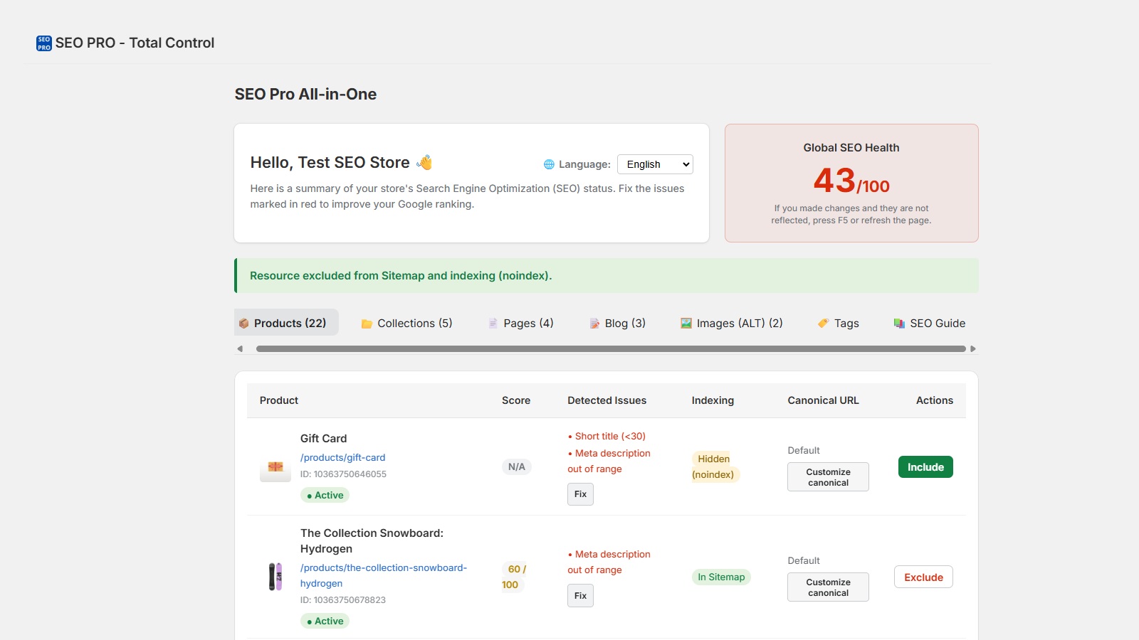 Dashboard seo app for Shopify